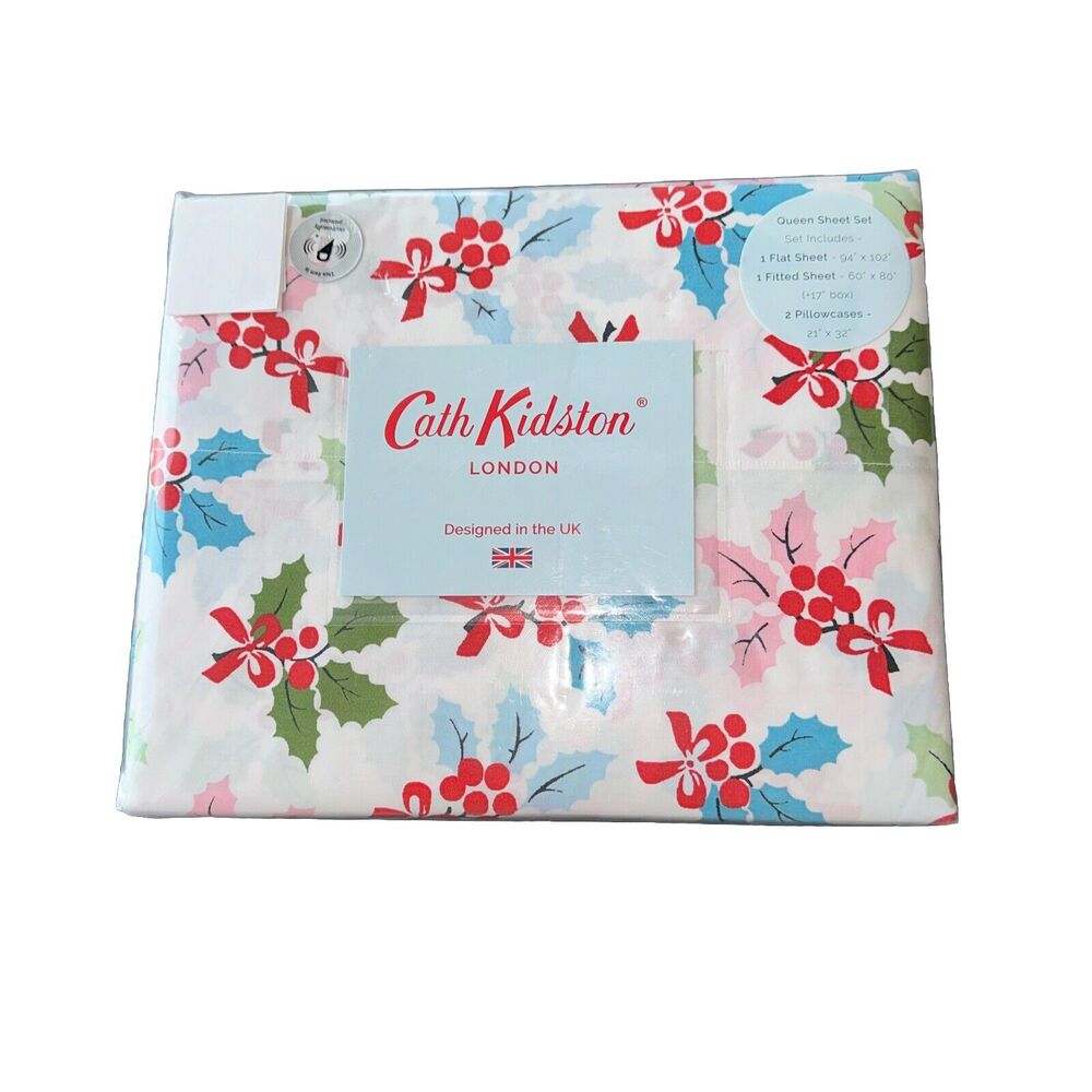 Cath Kidston London 4 Piece Queen Christmas Holly Multi Sheet Set Cotton- NEW